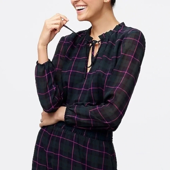 J. Crew Factory | Green & Pink Tartan Plaid Long Sleeve Dress w/Tie Neck - Picture 2 of 11